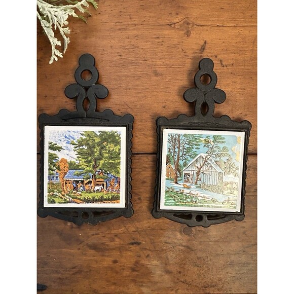 VTG Currier & Ives Cast Iron Trivets 1970s Autumn Cider Making & Old Homestead - Picture 2 of 10